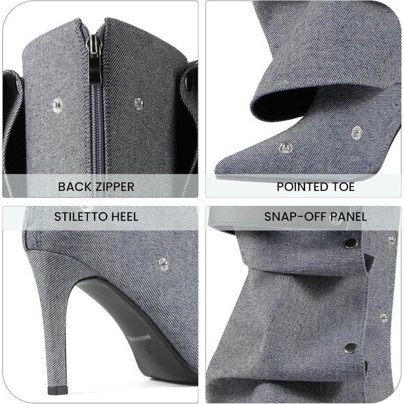 Women's Denim Blue Detachable Snap Off Pointed Toe Shark Knee High Heels Boots - Picture 6 of 7